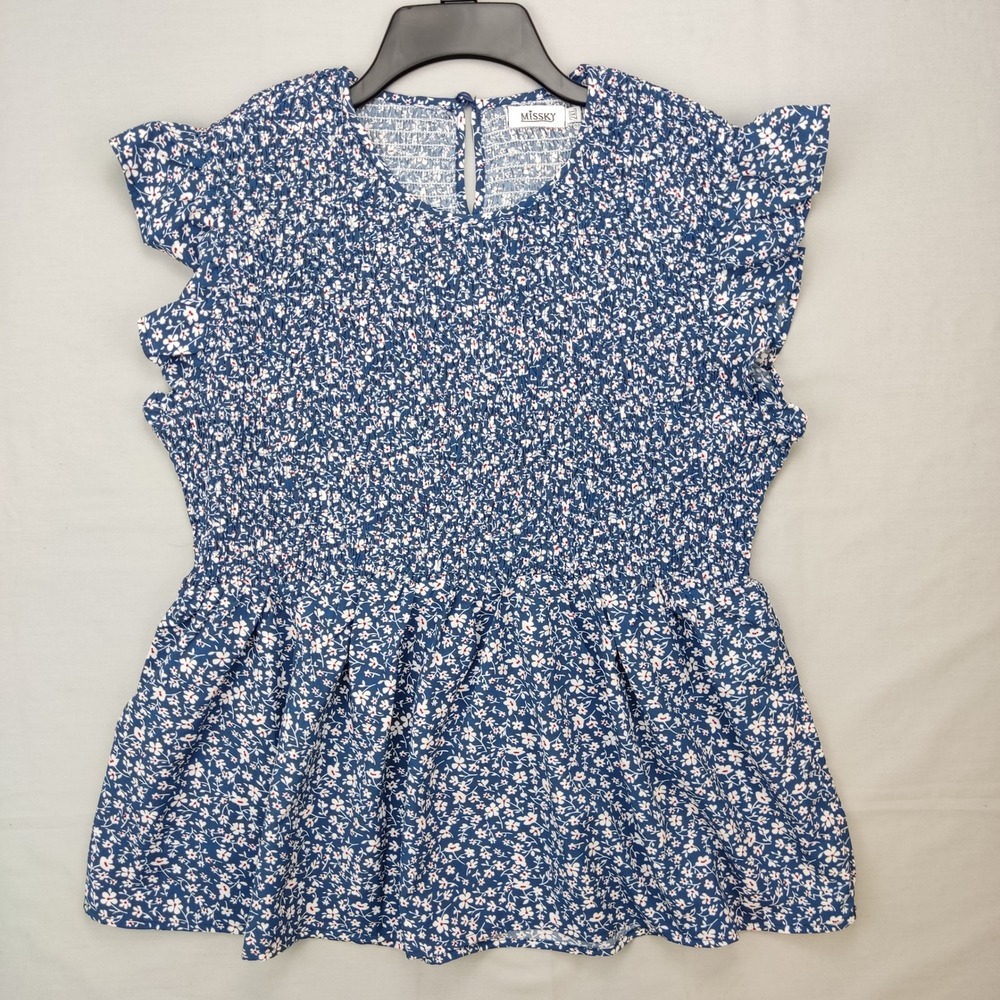 Missky Top Women 2XL Blue Floral Smocked Peplum Ruffle Sleeve Ditsy Print Blouse